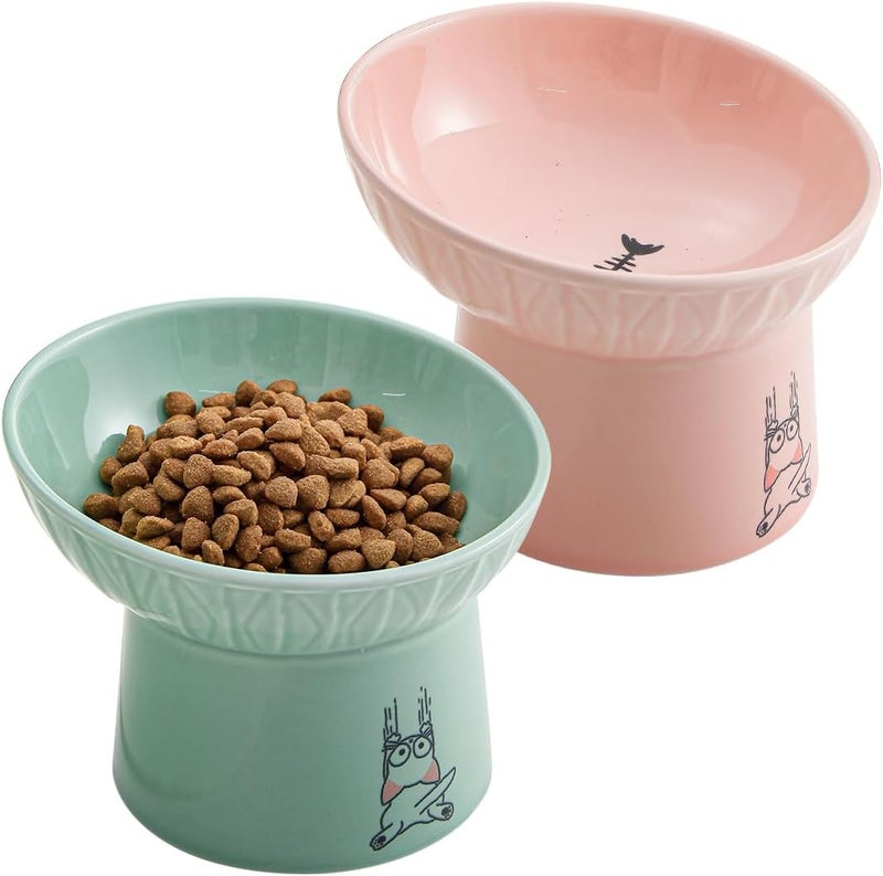 OMAYKEY Extra Wide Raised Cat Bowls, 6.5 Inch Wide Ceramic Tilted Elevated Cat Bowl, Prevent Neck & Whisker Fatigue, Anti Vomit for Cats Puppies, Dishwasher and Microwave Safe, 2 Pack - Image 1